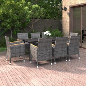 9 Piece Patio Dining Set with Cushions Poly Rattan and Glass (Color: Gray)