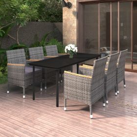7 Piece Patio Dining Set with Cushions Poly Rattan and Glass (Color: Gray)